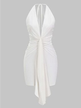 194. Micas White Linen Halter Tie-Front Mini Dress